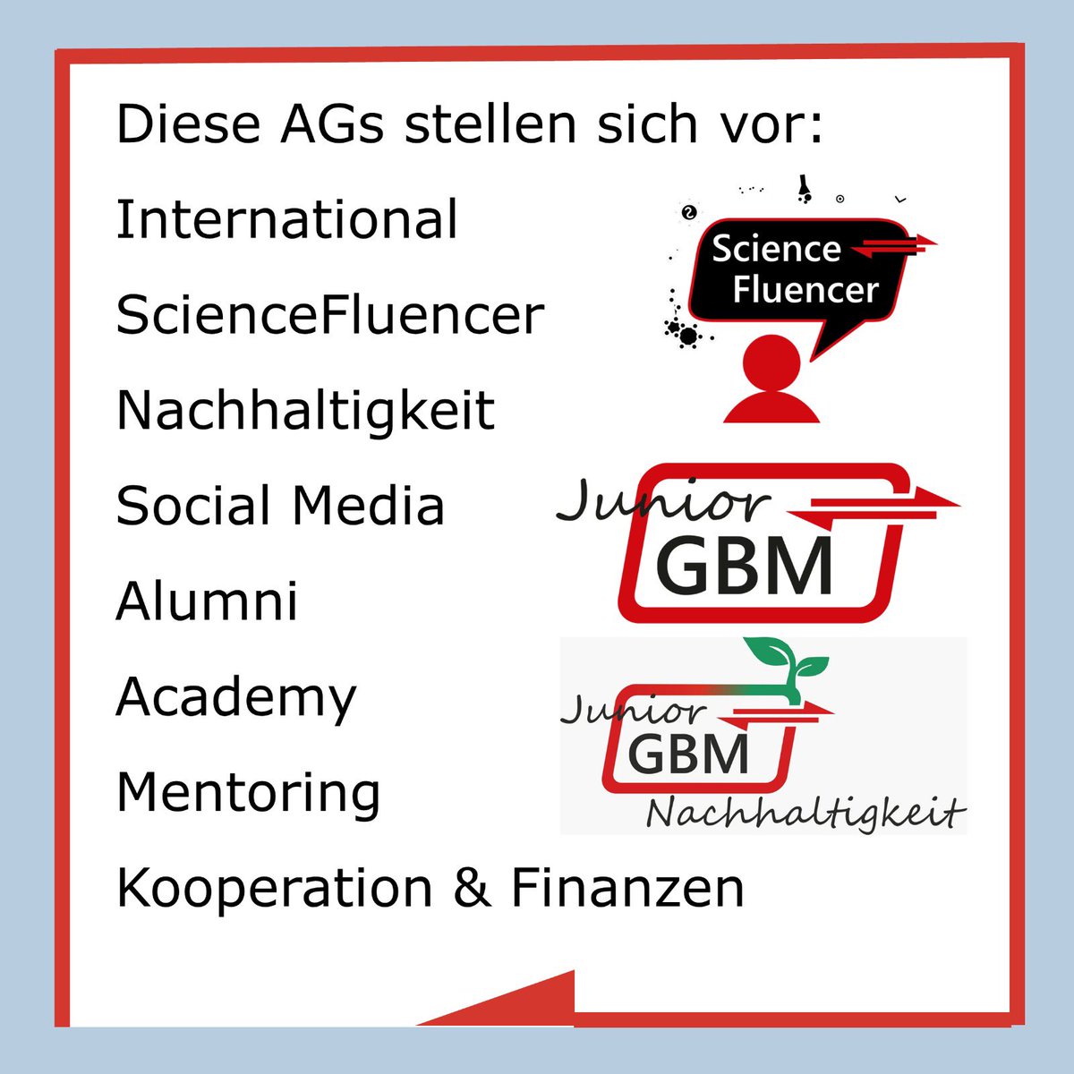 Lernt die Vielfältigkeit der Junior-GBM und die Arbeit unserer bundesweit agierenden AGs kennen! 
#juniorgbm #jgbm