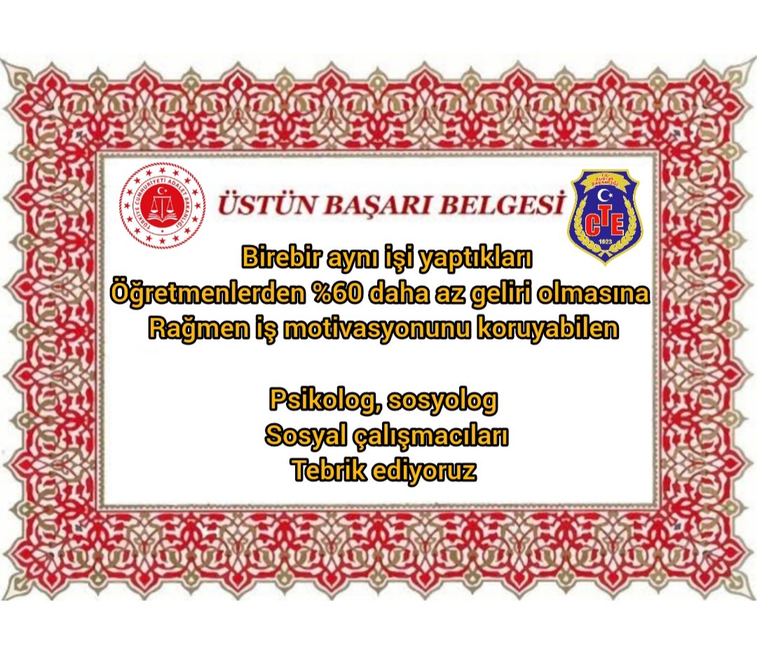 DS ve CİK psikolog, sosyolog, sosyal çalışmacıları olarak sadece öğretmen gelirleriyle olan adaletsizlik giderilsin istemiyoruz
Senelerdir şevkle çalışmadan dolayı buna benzer bir "Başarı Belgesi" bekliyoruz..

Sayın <a href="/bybekirbozdag/">Bekir  Bozdağ</a> Bakanım 
fark %60 

#sivilpersoneleadalet