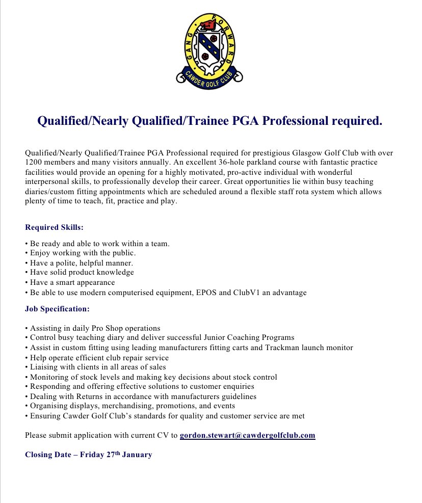 🚨 New Year New Job 🚨 An exciting opportunity for any <a href="/PGAScotland/">PGAScotland</a> <a href="/ThePGA/">The PGA</a> Professional to further develop their career <a href="/CawderGolfClub/">Cawder Golf Club</a>   If you’re up for it, please get in touch #NewYear #NewJob #ExcitingChallenge #CareerDevelopment ⛳️
