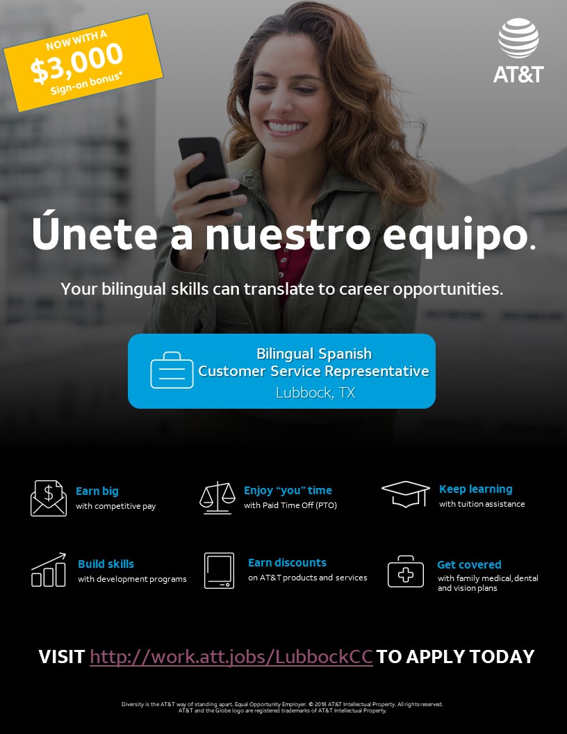 #ATT is recruiting in Lubbock, TX for Bilingual Spanish Customer Service. Learn more and apply today: work.att.jobs/LubbockCC Open interview slots for this wk. Apply today and schedule your interview. Paid training, Excellent Benefits, Amazing Perks! 
 #Lubbock #TexasJobs #TXJobs