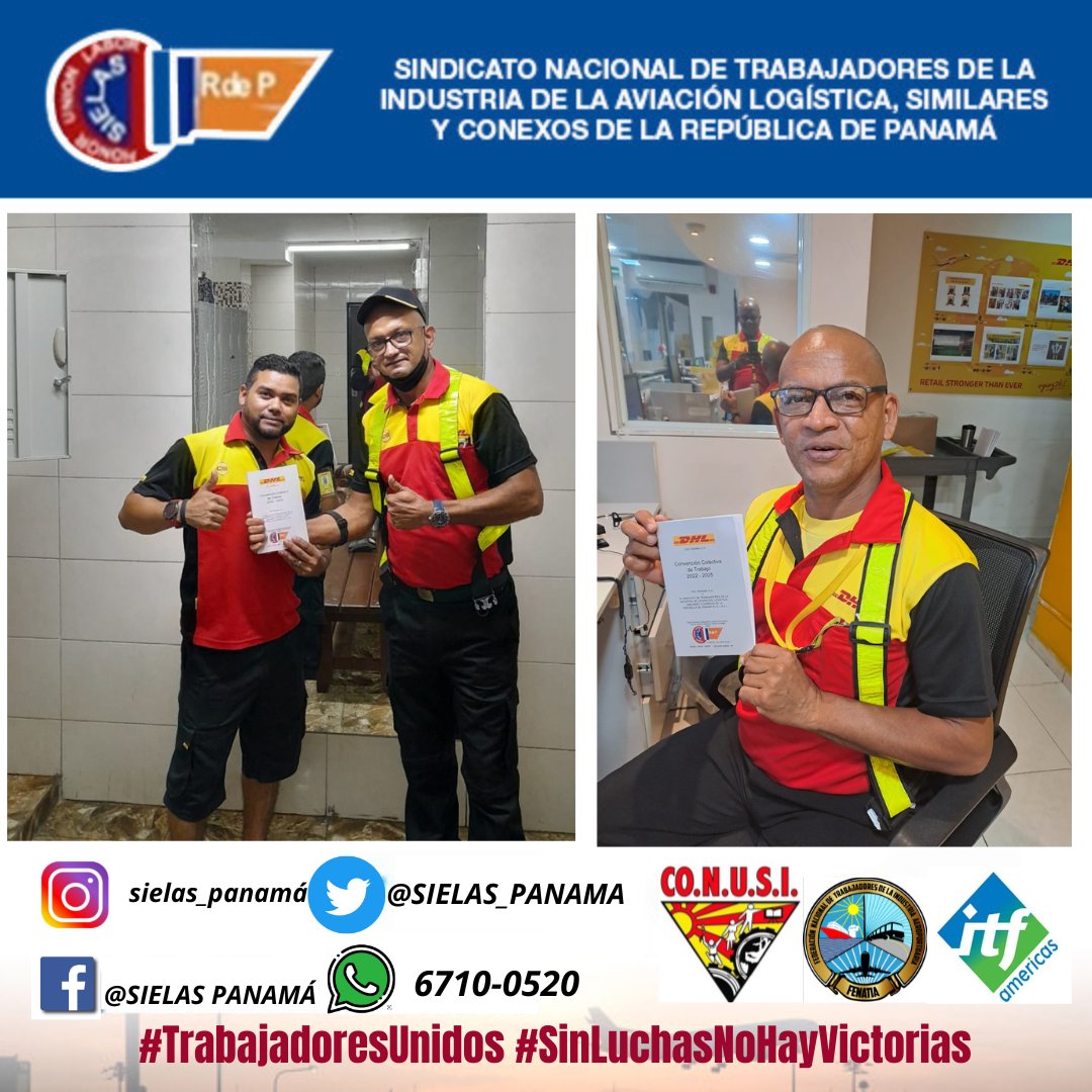 SIELAS_PANAMA's tweet photo. #SIELAS hace entrega de las nuevas convenciones colectivas a los trabajadores de #DHLPANAMÁ #SIELASACTIVO #TrabajadoresUnidos @ITF_Americas @conusi21 https://t.co/dBx1WD6NRA