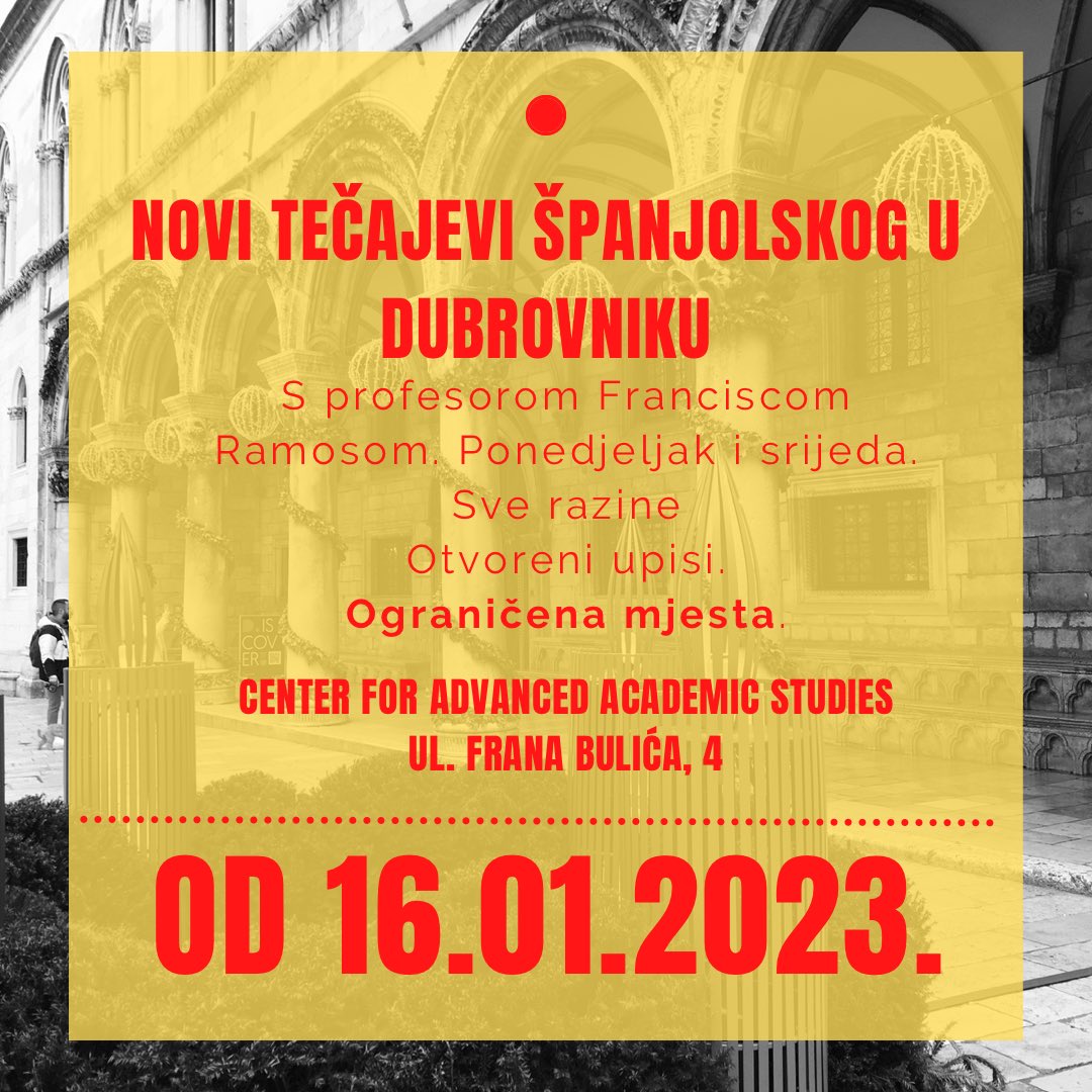 Izvrsna ponuda tečajeva španjolskog u Dubrovniku.

Ukoliko trebate više informacija, posjetite web stranicu spanishlinkgua.com/hr/nastava-uzi…
Ukoliko ste zainteresirani,  registrirajte se na: forms.gle/cnewJXpN73pjzk…

info@spanishlinkgua.com 098-133-05-85