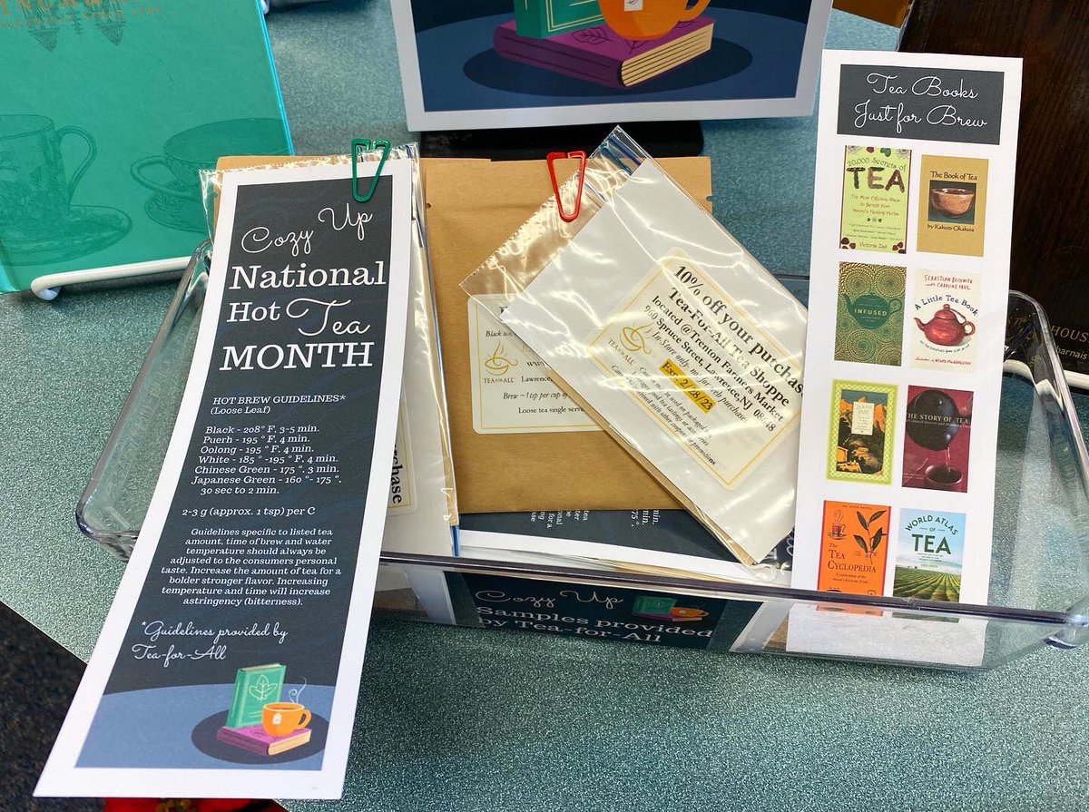 mclsnj's tweet photo. Celebrate #NationalTeaMonth with the Hopewell Branch! Stop in and pick up a #tea sample from Tea-For-All Tea Shoppe, a bookmark filed with information about brewing the perfect cup of tea, and great books about tea! 

#teamonth #tealovers #bookdisplay #njlibraries #mercercountynj https://t.co/NR7Hdg1wUp