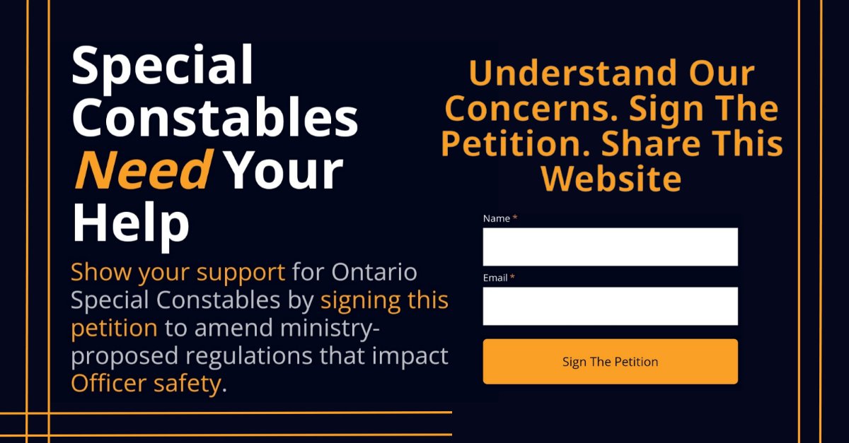 OSCApresident's tweet photo. If you #SupportOntarioSpecials, head over to this website: https://t.co/KBnyVoGVK4 to sign the petition, share with others, and to show support for regulations that prioritize #specialconstables safety!
@OSCA_est2008 https://t.co/6YoYNMkvRV