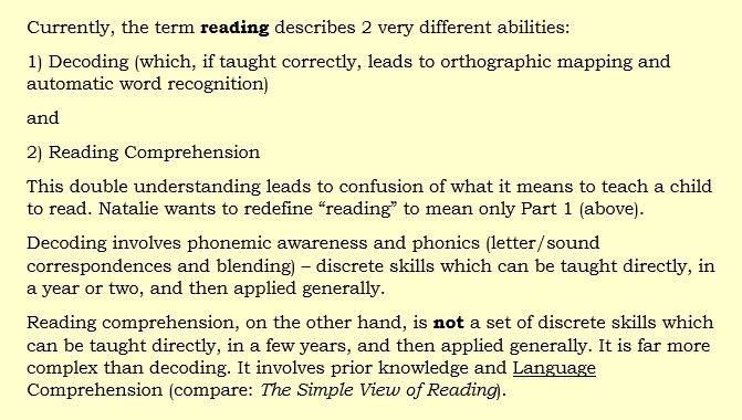 ParkerPhonics's tweet photo. I recommend listening to this podcast discussion between @dperkinsed, @ehanford, @natwexler, @MickiLRay, and @thismomloves.
https://t.co/mzUOdTNuTx

I especially recommend listening to what Natalie Wexler says about redefining the term “reading,” some of which I paraphrase below. https://t.co/G8HKZz1joh