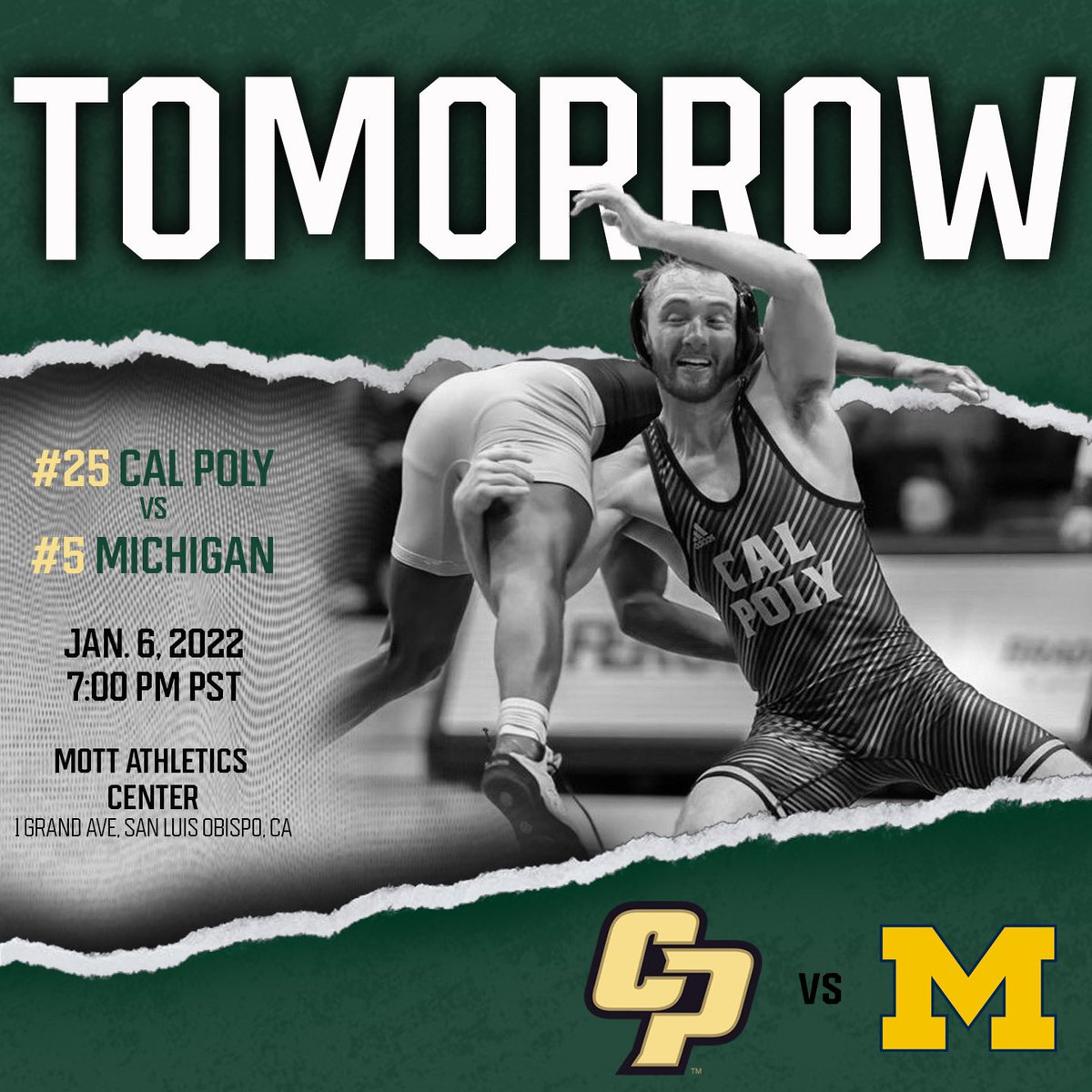 CalPolyWrestle's tweet photo. Tomorrow at 7:00 PM PST #25 Cal Poly take on #5 Michigan in Mott Athletics Center. #RideHigh https://t.co/2d4e91qCi6