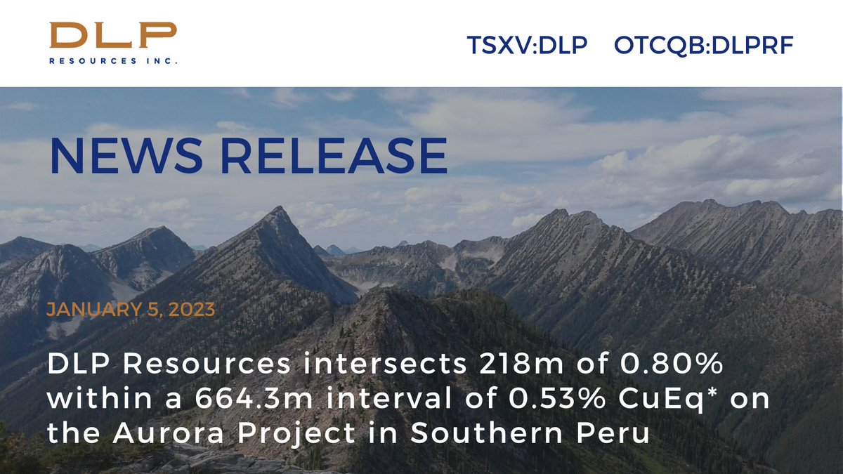 DLP Resources intersects 218m of 0.80% within a 664.3m interval of 0.53% CuEq* on the Aurora Project in Southern #Peru: dlpresourcesinc.com/dlp-resources-… #copper #minex