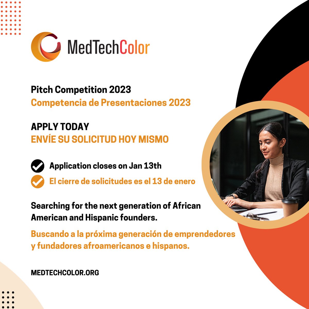 Buscando a la próxima generación de #Emprendedores y #fundadores afroamericanos e hispanos en #Medtech 🙌🏿🙌🏼💪🏾 Por favor, comparta esta iniciativa y haga su solicitud hoy mismo para la Competencia de Presentaciones 2023 de MedTech Color. APPLY TODAY! ow.ly/SNqe50MivoR