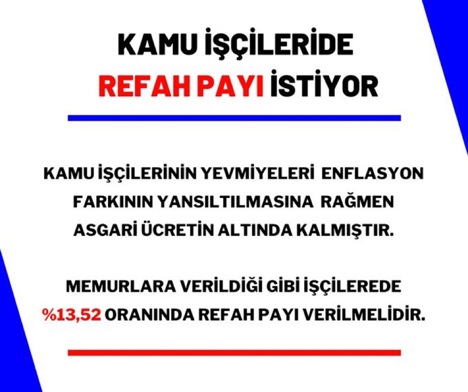Kamu işçilerinin yevmiyeleri Asgari ücretin altında kalmıştır,Kamu işçilerinede acilen Refah Payı verilmelidir. 
<a href="/vedatbilgn/">Vedat Bilgin</a> <a href="/NureddinNebati/">Dr.Nureddin NEBATİ🇹🇷</a>
#KamuİşçisineEkZam
#AsmGrupElemanınaKadro