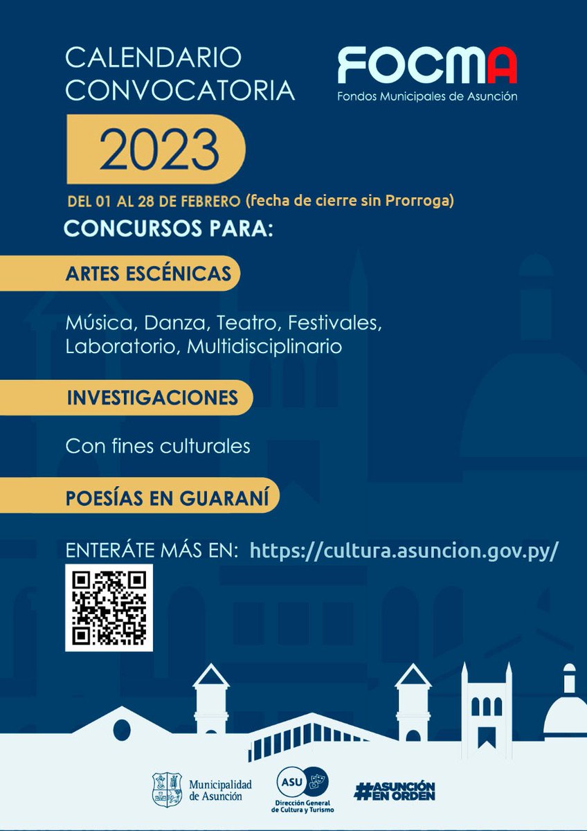 A preparar los proyectos para la Convocatoria de los Fondos Municipales de Cultura de Asunción 2023!!!
No habrá Prórroga!!