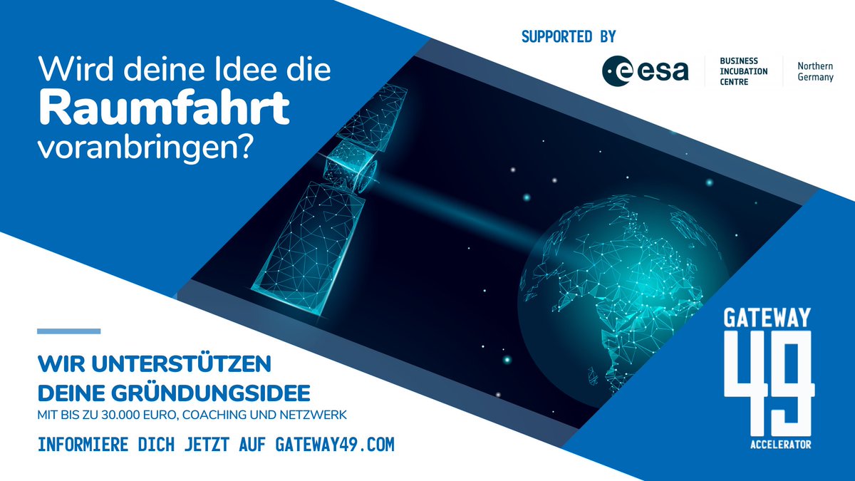 Zusammen mit dem Accelerator @gateway49_hl unterstützen wir innovative #StartUp-Ideen. 
Die Teams erhalten:
- Coaching-, Mentoring 
- Zugang zum <a href="/TZL_Luebeck/">Technikzentrum Lübeck</a>
- 30.000 Euro 
- Chance auf Teilnahme im #ESABIC Programm.
Registrieren via:
gateway49.com