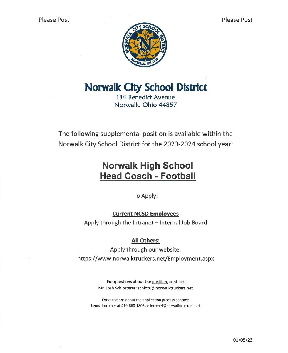HS FOOTBALL: Norwalk High School is searching for a head football coach. The application deadline is Friday, Jan. 20. Information on how to apply is provided below.