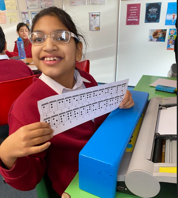 CVS_Slough's tweet photo. Wednesday was World Braille Day.

Year 5 celebrated by writing their names in Braille and Ishaa, who is an expert with Braille, coded us a
secret message – Miss Snelling likes chocolate!

@BerksSCS @BraillePress @BrailleInst @BrailleWorks @RNIB #inclusion @guidedogs https://t.co/7rk9PkW32E