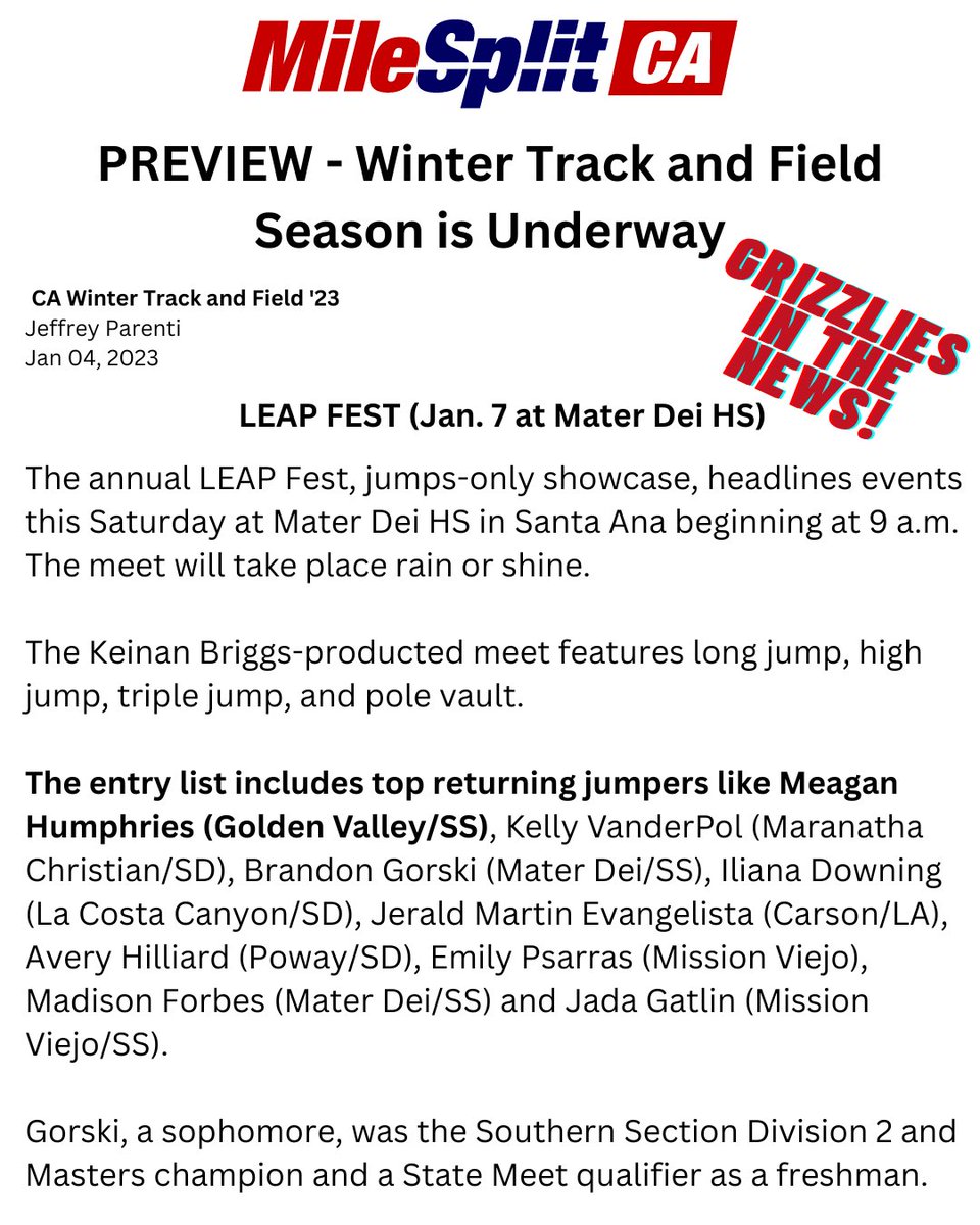 GVjumps's tweet image. Last year’s high jump state runner-up @msjumphries, class of 2024, getting some pre-meet publicity from @MilesplitCA. Track is back!!🔥🔥
#itsgoodtobeagrizzly 

#track #trackandfield #athletics #jumps #jumpsquad #longjump #highjump #triplejump #polevault