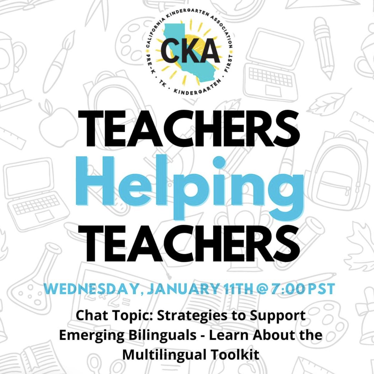 Join <a href="/CKAstaff/">California Kindergarten Association</a> for their monthly Zoom chat on 1/11 at 7 pm (PT). The discussion will focus on strategies for supporting emerging #bilinguals and will be an opportunity to learn more about the #MLToolkit: ow.ly/hGuu50Mjkbu

Click here to register: ow.ly/OFAP50Mjkbt