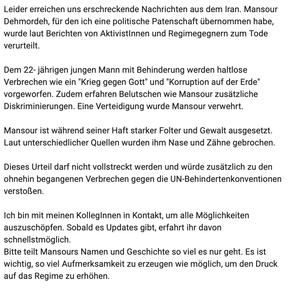 AnikoMerten's tweet photo. The Mullah Regime can be sure that their crimes are seen in Germany and will not be forgotten. I urge the regime to take back the sentence of death against #MansourDehmordeh and all his fellow inmates. We are watching. The executions need to stop. #IranRevolution https://t.co/7t6bvePNVQ
