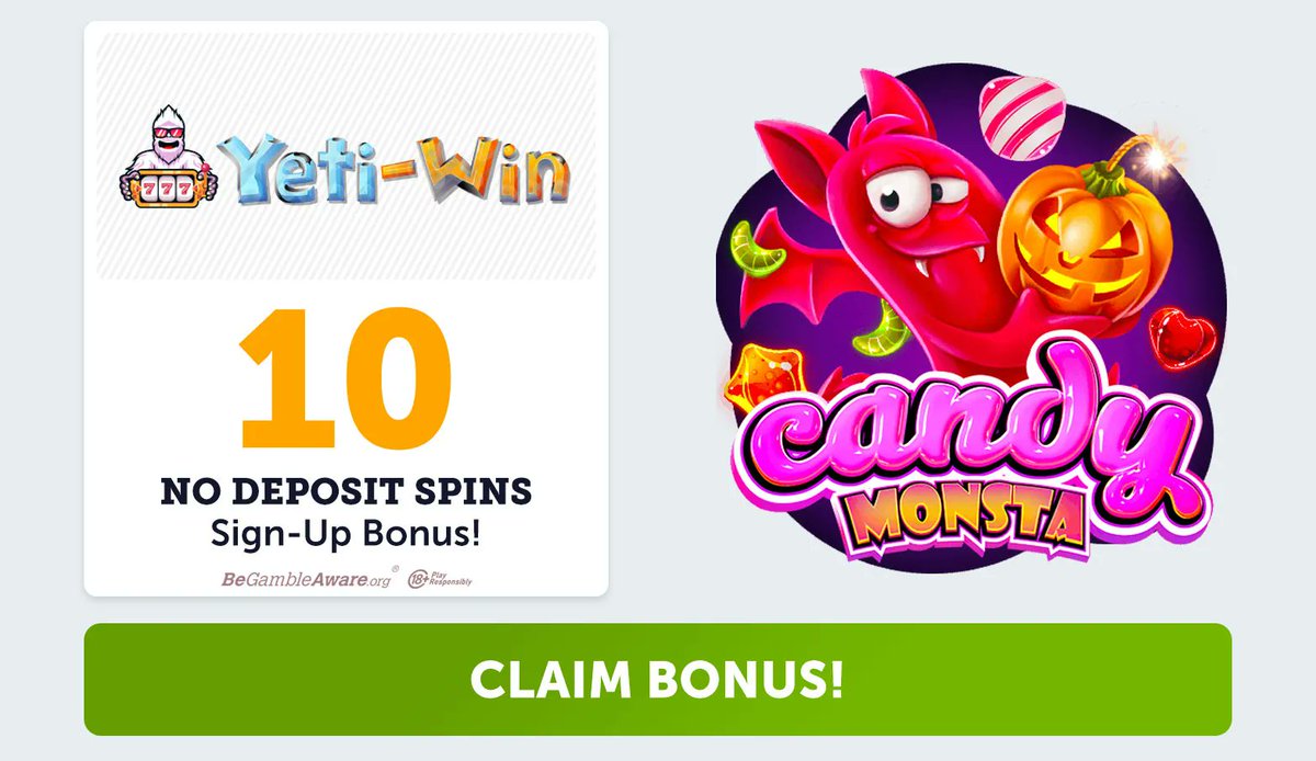 We know you love No Deposit Bonuses so today you get the chance to claim a new Sign-Up Offer from Yetiwin Casino! &#128140; Play Candy Monsta with 10 No Deposit Spins and no wagering! Create an account and take advantage of this promotion! &#128640;