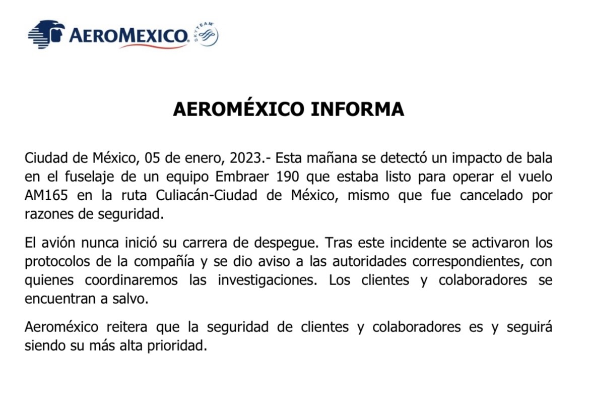 Aeromexico's tweet photo. #AeroméxicoInforma tras los hechos ocurridos en Culiacán. https://t.co/CVkhkn77h8