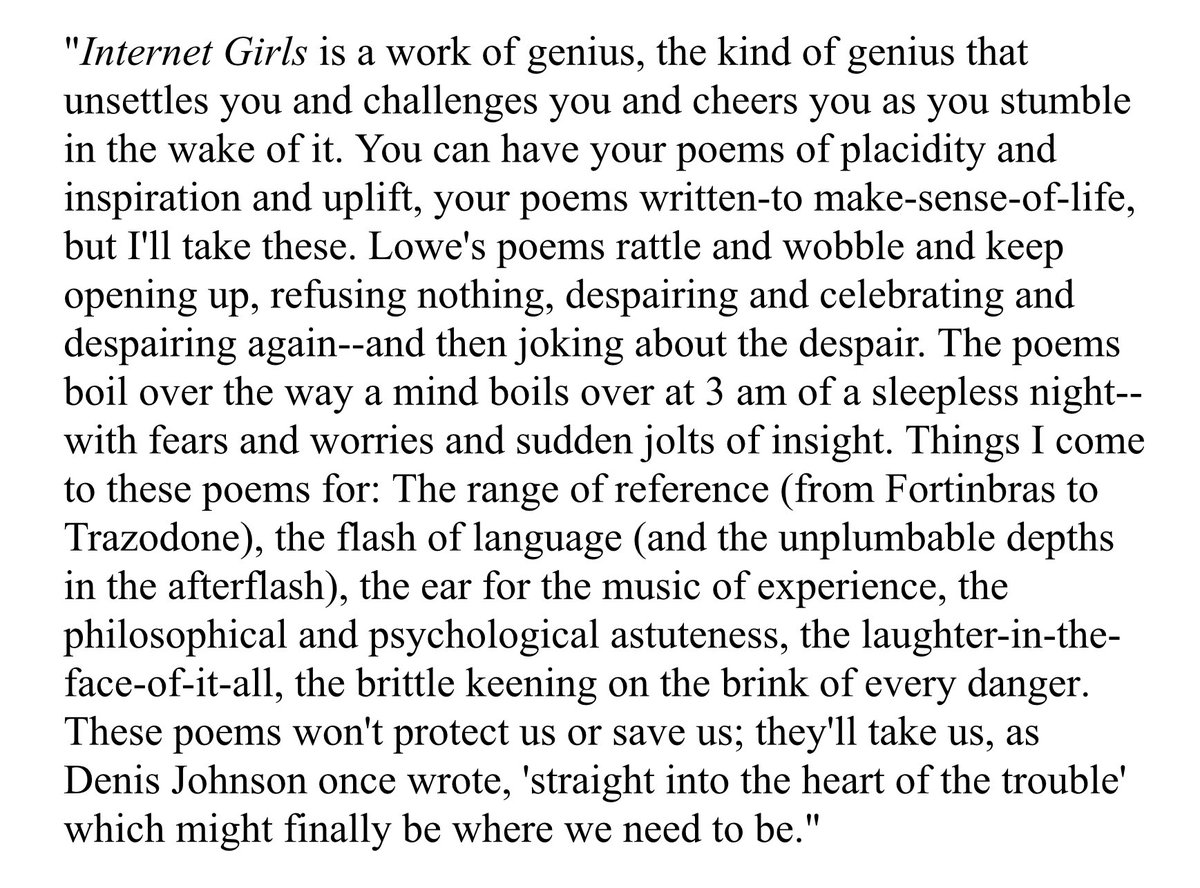 jsalowe's tweet photo. a generous blurb from kind poet Jon Davis. preorders coming soon, and cover reveal! #InternetGirls https://t.co/oFIAbDuEIx