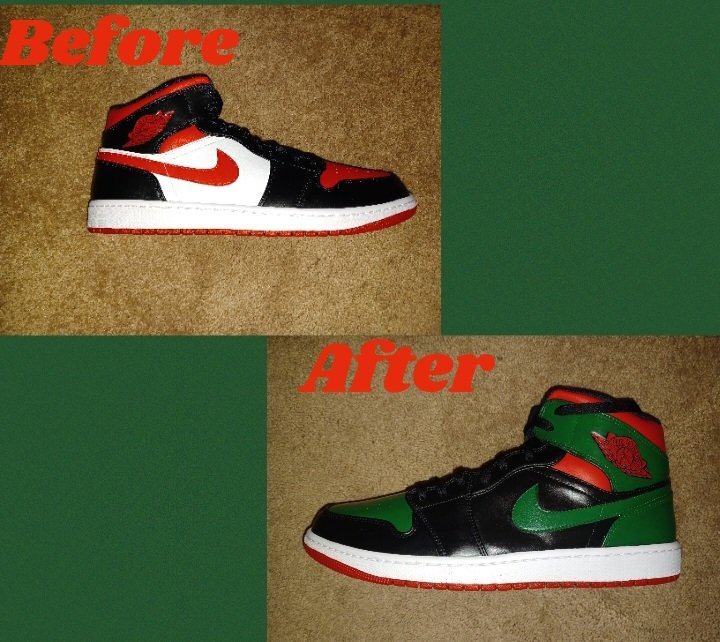 Renardcomedy's tweet photo. Did u say New Year New Me? Sometimes u got to switch it up on em! Even though they were brand new my homie wanted a new X-Clan color scheme brought to u by the Red, the Black and the Greeeen! Sissieeeee! #ComedyCobbler #FreshPaint #Nike #XClan #airforce1custom #shoerestoration https://t.co/5inxHVTGnc