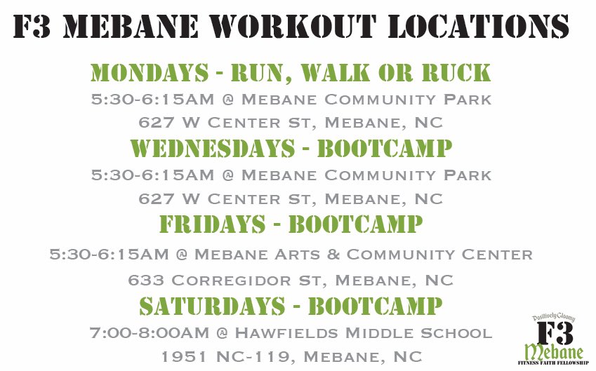 F3NearMe (@f3nearme) on Twitter photo đşď¸ NEW REGION! đşď¸
<a href="/F3Mebane/">F3 Mebane and Graham</a> has starfished from <a href="/F3Btown/">F3 Burlington</a> in central North Carolina. With 4⣠locations, they are launching this Saturday Jan. 7th at:
đş "Sattie Hawfields Dance"
đ 7:00 - 8:00 AM
đŞ Bootcamp
đ 1951 NC-119, Mebane, NC đşđ¸
See the attached pics for more info! đşď¸ NEW REGION! đşď¸
<a href="/F3Mebane/">F3 Mebane and Graham</a> has starfished from <a href="/F3Btown/">F3 Burlington</a> in central North Carolina. With 4⣠locations, they are launching this Saturday Jan. 7th at:
đş "Sattie Hawfields Dance"
đ 7:00 - 8:00 AM
đŞ Bootcamp
đ 1951 NC-119, Mebane, NC đşđ¸
See the attached pics for more info!