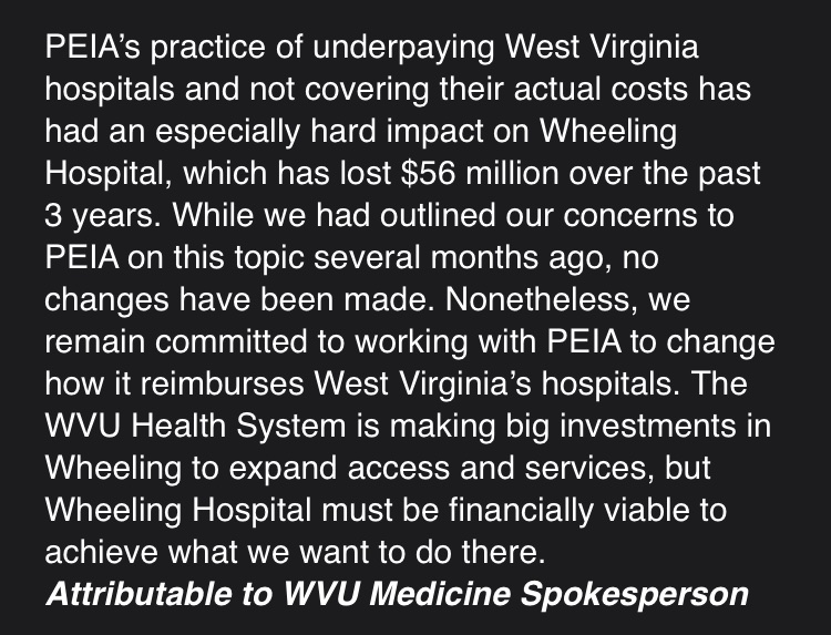 JBaker_WTOV's tweet photo. DEVELOPING: WVU Medicine Wheeling Hospital will no longer accept West Virginia Public Employees insurance starting July 1. I’m working to learn what this means for those with the PEIA. Here’s a statement from WVU Medicine. We’ll have more tonight at 5 and 6 on @WTOV9 https://t.co/9G6HBw3S2y
