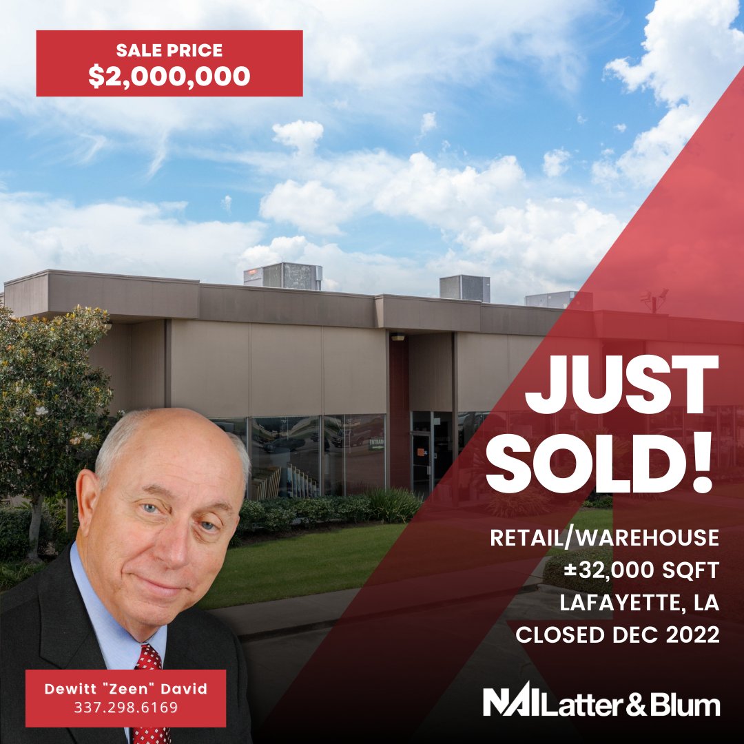 💥Just Sold💥 Congratulations to Dewitt "Zeen" David on his recent sale of the former Hollier's Flooring America store --  a ±32,000 SF commercial building in Lafayette, Louisiana!  Good work, Zeen!👏
•
•
#nailatterblum #latterblum #acadiana #lafayette #cre #naiglobal