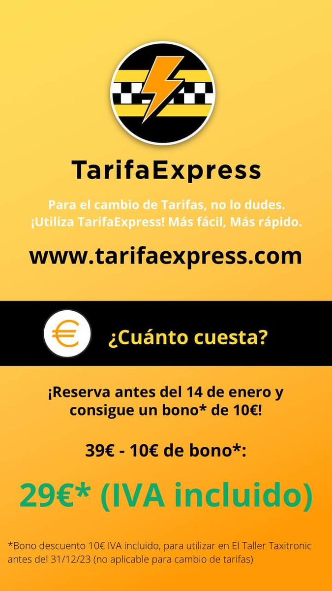 TarifaExpress's tweet photo. CAMBIO DE TARIFAS 2023 - ¡HAZ LA RESERVA Y CONSIGUE TU BONO! ¡PLAZAS LIMITADAS! 🙌🏼🚖 https://t.co/MKd7MoiQpE https://t.co/BPQBxWg6y5