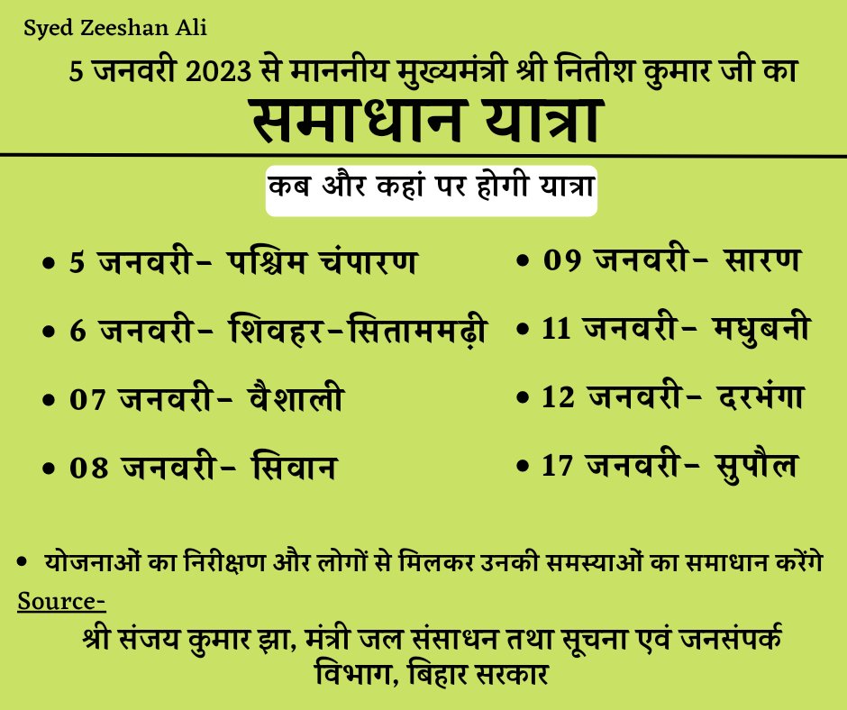 TheTruth0099's tweet photo. 5 जनवरी 2023 से माननीय मुख्यमंत्री श्री नितीश कुमार जी का #समाधानयात्रा @Jduonline @SanjayJhaBihar @LalanSingh_1 @UmeshSinghJDU @mujahidmla #SamadhanYatra #SamadhanYatra2023 #سماعدھانیاترا https://t.co/rThWjus3z5