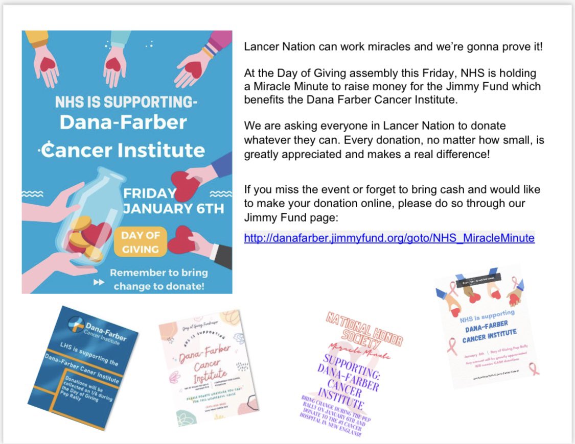 💙Miracle Minute Is Tomorrow… bring your donations to the Pep Rally or visit the Jimmy Fund page. Thank you NHS for a great fundraiser for a great cause.