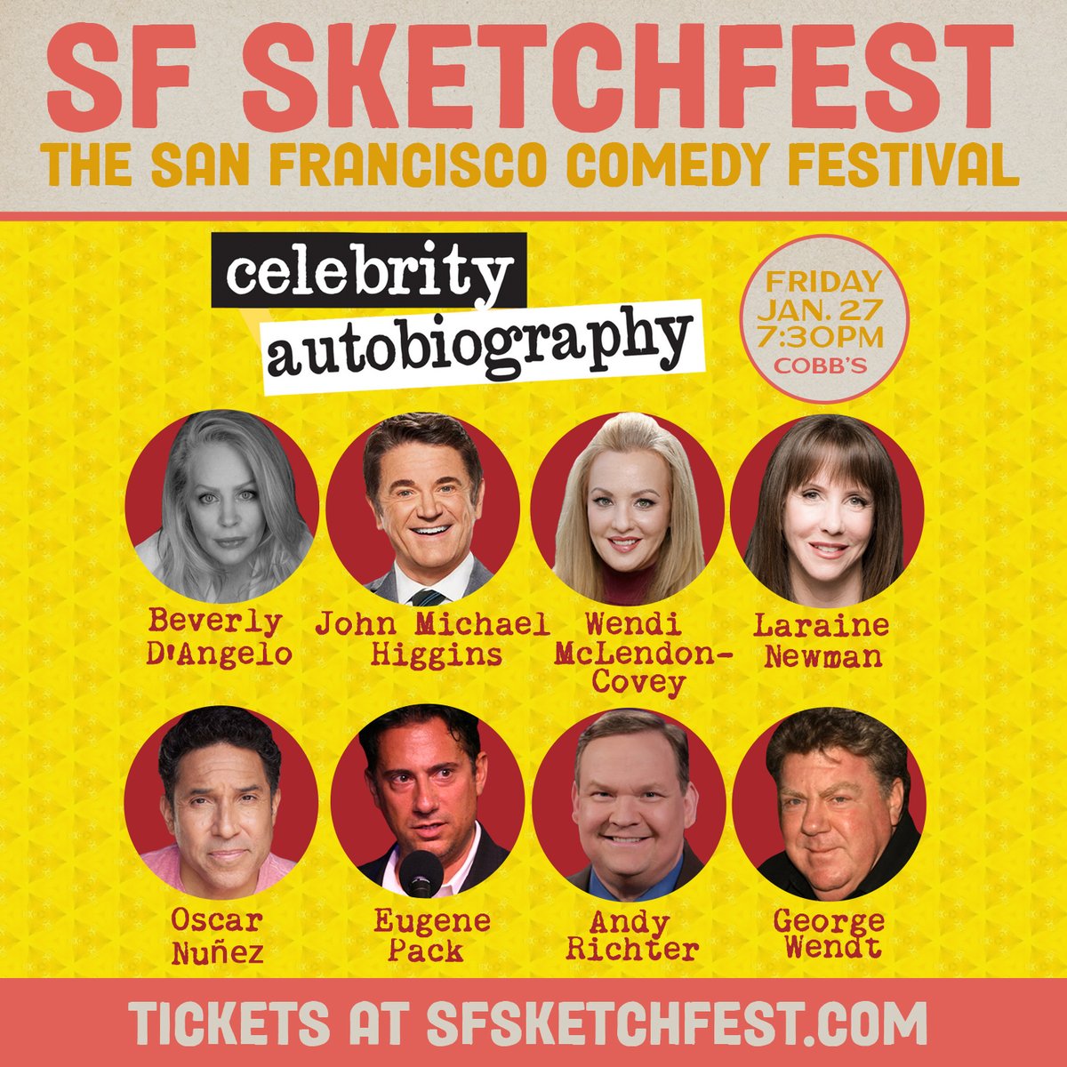 San Fran! Come see <a href="/Celeb_Autobio/">Celebrity Autobiography</a> Live <a href="/SFSketchfest/">SF Sketchfest</a> Friday Jan  27th  at 7:30pm <a href="/CobbsComedyClub/">Cobb's Comedy Club</a> get tix here
sfsketchfest2023.sched.com/event/qEJ2 @larainenewman @andyrichter @realbevdangelo @real_JMHiggins