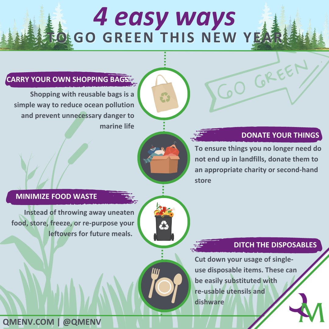 As we kickoff 2023, we would like to present some minor changes that you can make in your day-to-day lives that might inspire you to think greener this new year. 
 
#GoGreen #EcoFriendlyTips #QMEnvironmental #NewYearsResolution
