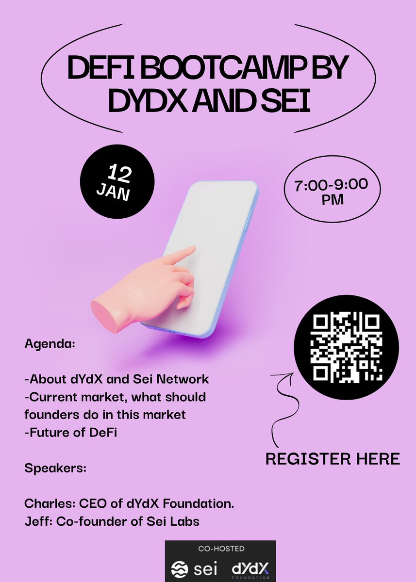 DeFi lovers in Tokyo🤩
Come and join the workshop hosted by dYdX Foundation and Sei Labs. 
12th Jan, Thursday night at Cryptobase Shibuya
Register below👇👇👇
<a href="/SeiNetwork/">Sei</a> 

#seilors #sei #blockchain #whitewhale #seinami #DeFi