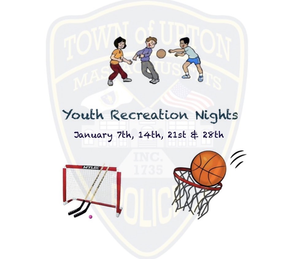 UptonPolice's tweet photo. Youth Rec Nights in January Return! This free program of indoor recreation is designed for kids age 8-14. Rec Nights will take place @BVTHighSchool from 6p-9p on Jan 7th, 14th, 21st &amp; 28th. Parents are required to sign waiver (available at door or online: https://t.co/lRri2HHrB2) https://t.co/Lhl0RKb7yv