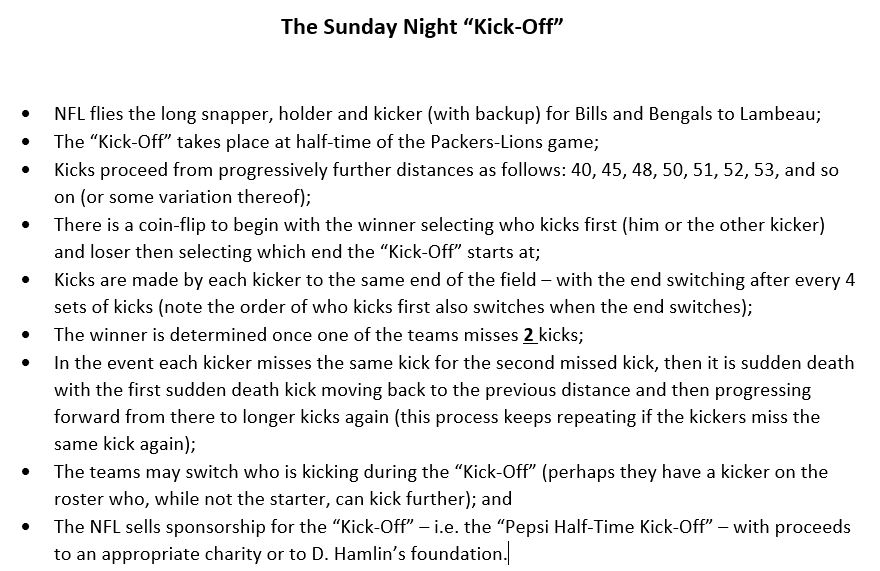 ShaneS_72's tweet photo. @BillSimmons @TheCousinSal  Here's a great solution for resolving the Bills-Bengals unfinished game.  Who would not tune in to watch the "Sunday Night Kick-Off".. https://t.co/401WkUti7k