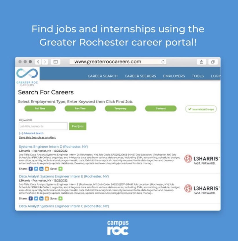 New year, new goals! A great way to kick off the new year is by starting your search in the Greater ROC Careers portal as a resource whether you're looking for a co-op, internship or a full-time job ⭐️