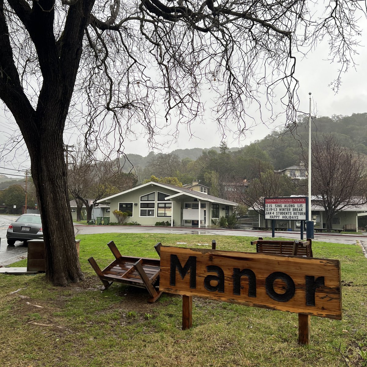 RVSD's tweet photo. Manor &amp; White Hill schools are closed today (Thursday) January 5, 2023 due to power outages caused by the storm. At this time, PG&amp;E is not indicating an estimated time for restoration. Campuses are also closed to all activities, meetings, and events. Be safe and see you soon! https://t.co/gnQMiTocNI