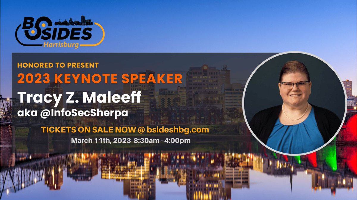 B-Sides Harrisburg is excited to announce that <a href="/InfoSecSherpa/">InfoSecSherpa 🏔️</a> will be the keynote speaker! Tracy is a Security Researcher with the Krebs Stamos Group and has been featured in the Tribe of Hackers: Cybersecurity Advice and Tribe of Hackers: Leadership books. Tickets on Sale now!
