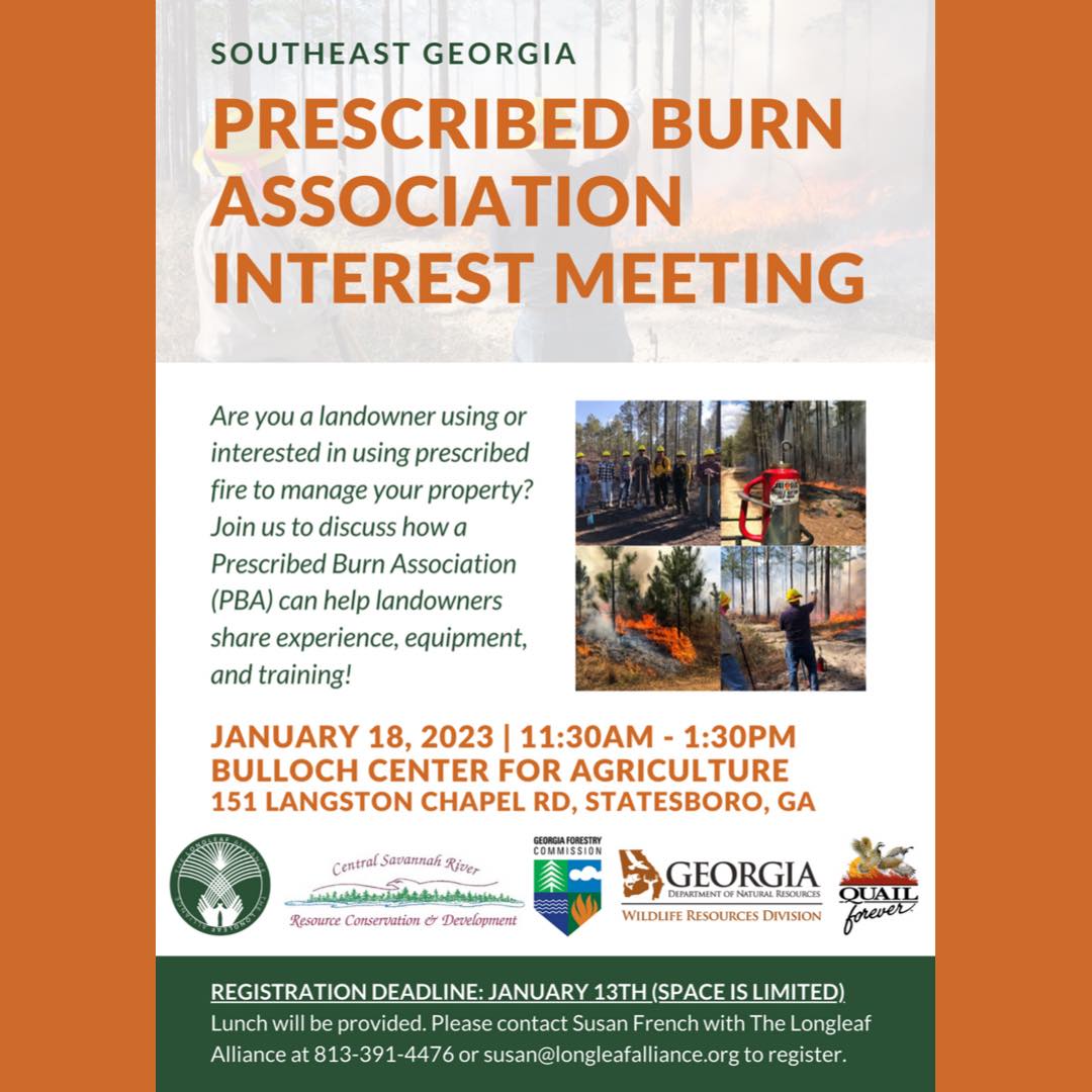 SE_RxFire's tweet photo. Are you a landowner in southeast GA interested in #RxBurning? This workshop might be for you. Join to discuss how a PBA can help landowners share experience, equipment, & training!
To register, contact Susan French with @TLA_Longleaf at susan@longleafalliance.org by 1/13. https://t.co/qkDBthqFMh