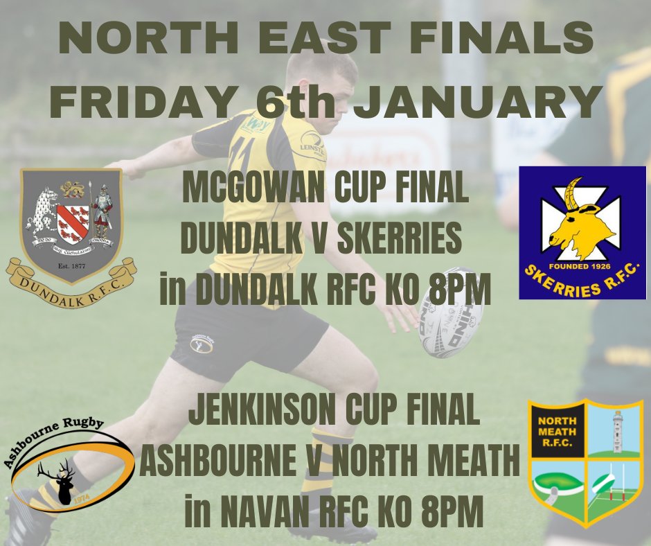 Friday Night Lights is Finals Night in @NELBIRFU. The McGowan Cup Final takes place @DundalkRFC, with Dundalk hosting @skerriesrugby. The Jenkinson Cup Final takes place @Navanrfc, with @AshbourneRFC playing @NorthMeathRFC. Matches KO at 8pm. Good luck to all. @LeinsterBranch