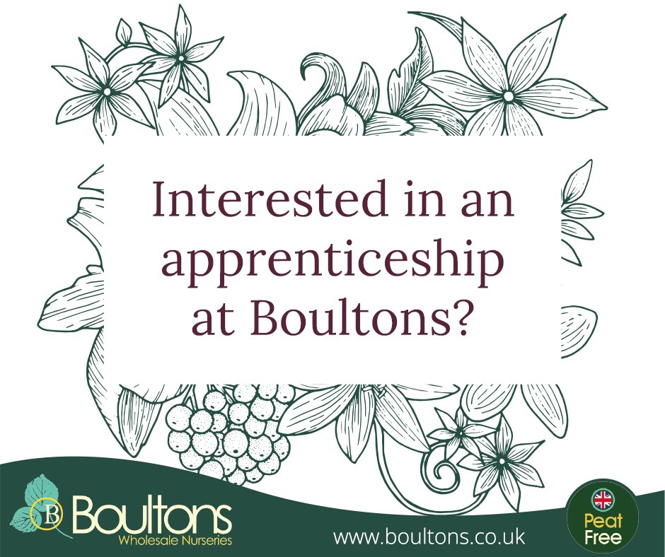 Do you know a young person looking for a #career with a difference? Our #apprenticeships will see them work in the stunning countryside here at Boultons, Moddershall, and help plants to flourish 🌸

👉 Get in touch at enquiries@boultons.co.uk 

#apprenticeship #gardeningjobs