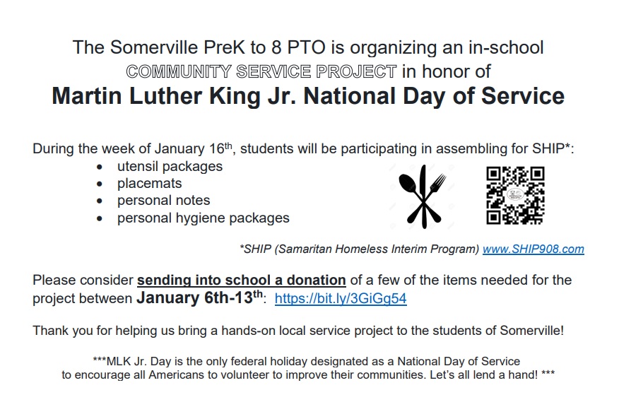 This year we will support SHIP (Samaritan Homeless Interim Program SHIP908.com) for our 
🤝Martin Luther King Jr., National Day of Service 🤲

*If you have a student at VDV or SMS*
get info and donate: bit.ly/3GiGg54
Donations due Friday, January 13th.