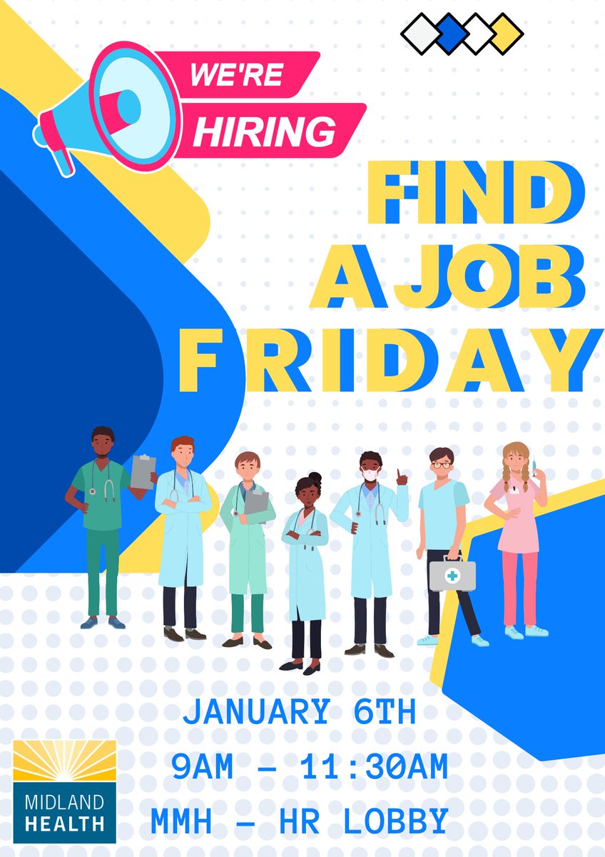 MidlandHealthHR's tweet photo. Bring your resume and smile to our Find A Job Friday, hiring event! We are doing ON-the-SPOT interviews!  
January 6th- starting at 9 am!!
 #careers #opportunities #opportunities2023 #recruiting #teamwork #midlandmemorial #midlandhealth #hiring #hiringnow #jobsearch #FAJF https://t.co/dbgjIbGxCM