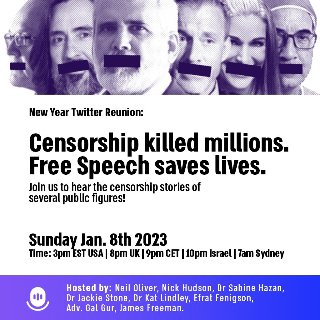 🔥TWITTER SPACE: New Year Reunion of Censored Voices
Open invite to EVERYONE, inc. doctors, scientists, journalists, athletes…
Sign up: x.com/i/spaces/1YqKD…
Hear from <a href="/RWMaloneMD/">Robert W Malone, MD</a>, <a href="/richardursomd/">Dr. Urso</a>, <a href="/drcole12/">Ryan Cole MD</a>, <a href="/LynnFynn3/">𝔻𝕣𝕃𝕪𝕟𝕟𝔽𝕪𝕟𝕟🐭 🇺🇸 🧬💊🥼🩺🦠🌿</a>, <a href="/stkirsch/">Steve Kirsch</a>,Dr. Borody, <a href="/SabinehazanMD/">sabine hazan md</a>, <a href="/JackieS82674799/">Jackie Stone</a>
>>