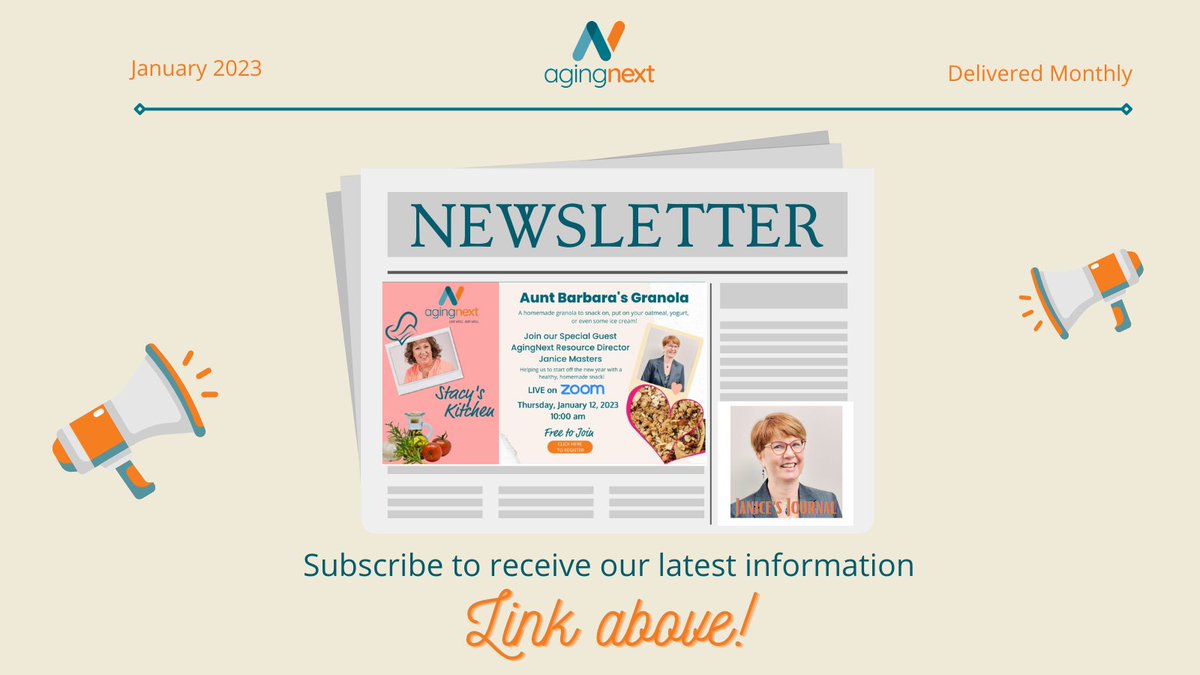 AgingNext's tweet photo. #January is here and so is our #newsletter! Read #JanicesJournal to get #healthy tips for the #newyear and join us for #StacysKitchen to learn to make a healthy homemade #granola. Reserve your spot for a special night with #OpheliasJump!
Read it here: https://t.co/9GoLy1pJWO https://t.co/xxhcmSk4KC