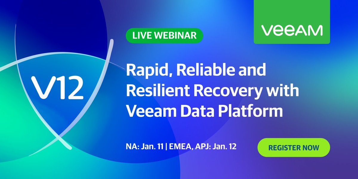 Veeam's tweet photo. Rapid, reliable and resilient—That's recovery with #Veeam Data Platform v12! 👏 Join us on Jan 11th to learn how to create an actionable #disasterrecovery plan and explore new features coming soon that fortify your resiliency >> https://t.co/ewad8y6Zh4 https://t.co/eeDGhH2K3H