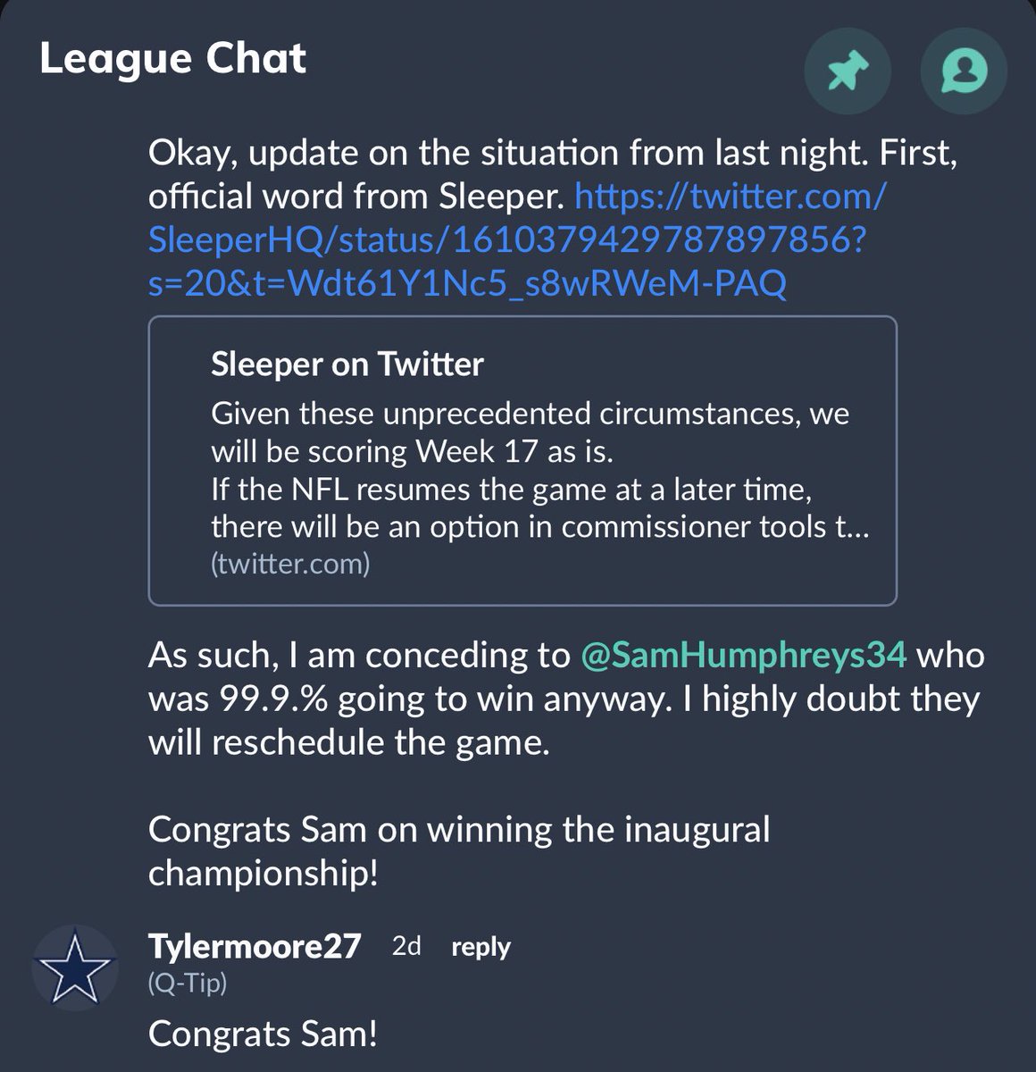 SamHumphreys34's tweet photo. It has come to my attention that I have won the @sportsanimal fantasy league! I want to thank everyone in the MiniHumpers organization, especially Brock Purdy for winning the Super Bowl as a Waiver pickup in the last week of the reg season! Everyone back next year…#Back2BackSZN https://t.co/1AEJSVdMNo