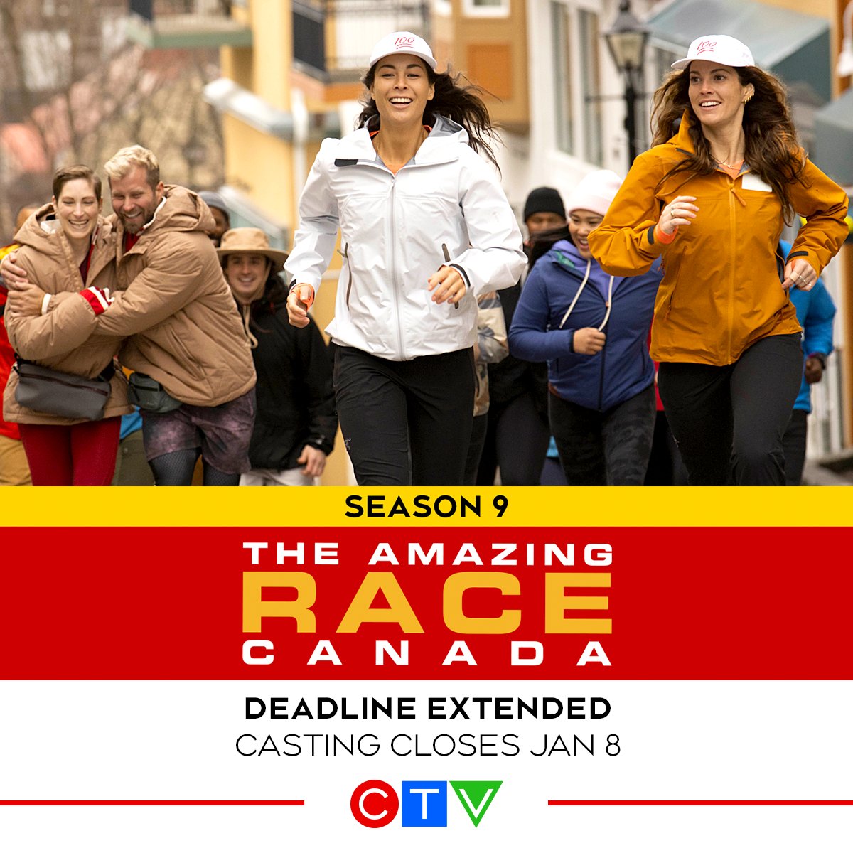 AmazingRaceCDA's tweet photo. 📣 Season 9 casting deadline has been extended! 📣
There's still time to get your #AmazingRaceCanada application in with casting extended for one final weekend! Applications are now due Sunday, January 8 at 11:59pm PST. 
Apply now at https://t.co/IQYdGq3eRE https://t.co/Y28QfldqMe