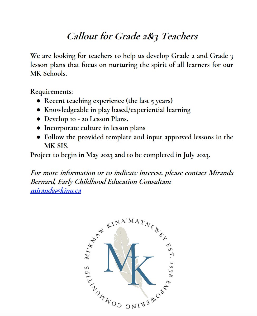 We are looking for teachers to help us develop Grade 2 and 3 lesson plans that focus on nurturing the spirit of all learners for our MK Schools. For more information, check out the photo below.