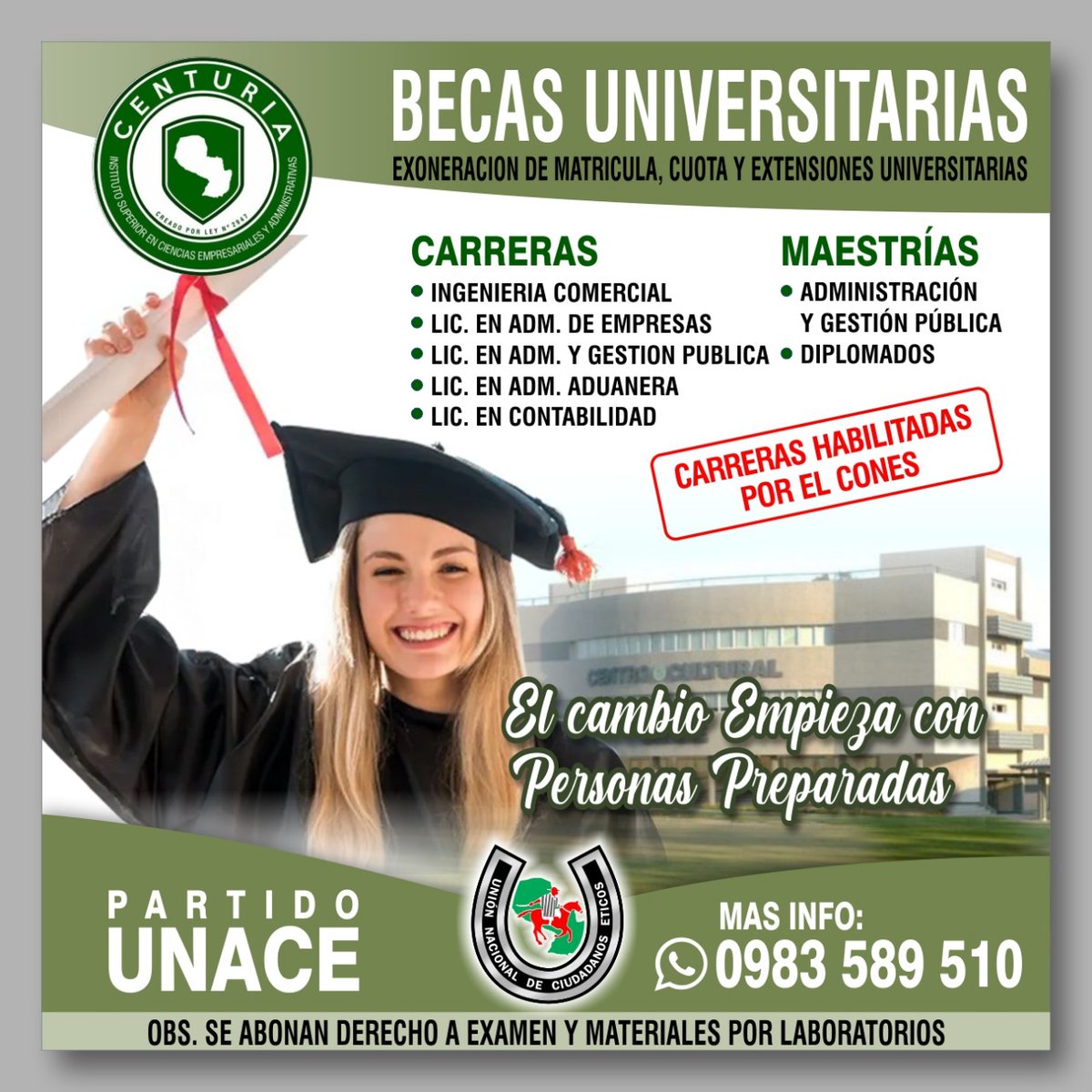 partido_unace's tweet photo. El Partido UNACE comunica que se encuentran a disposición de Becas Universitarias. " El cambio empieza por la Educación " IKATU LO MITA #IkatuLoMita #PartidoUnace #Lista7 https://t.co/0gmi7YvCUQ